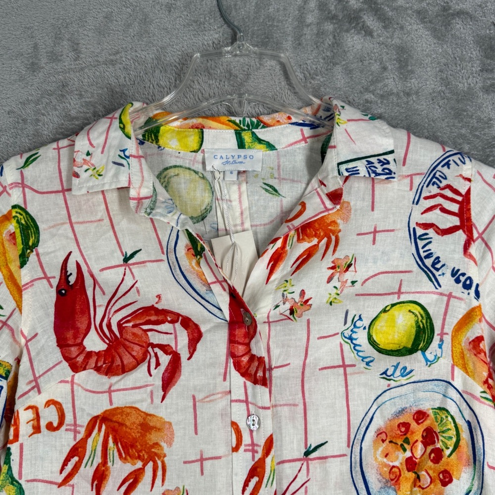 Calypso St. Barth Button Down Shirt Womens Small White Linen Blend Lobster Print - Picture 4 of 10